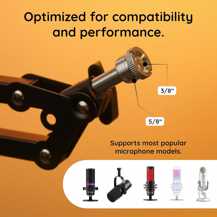 Close-up of a microphone stand with compatibility details on an orange background.